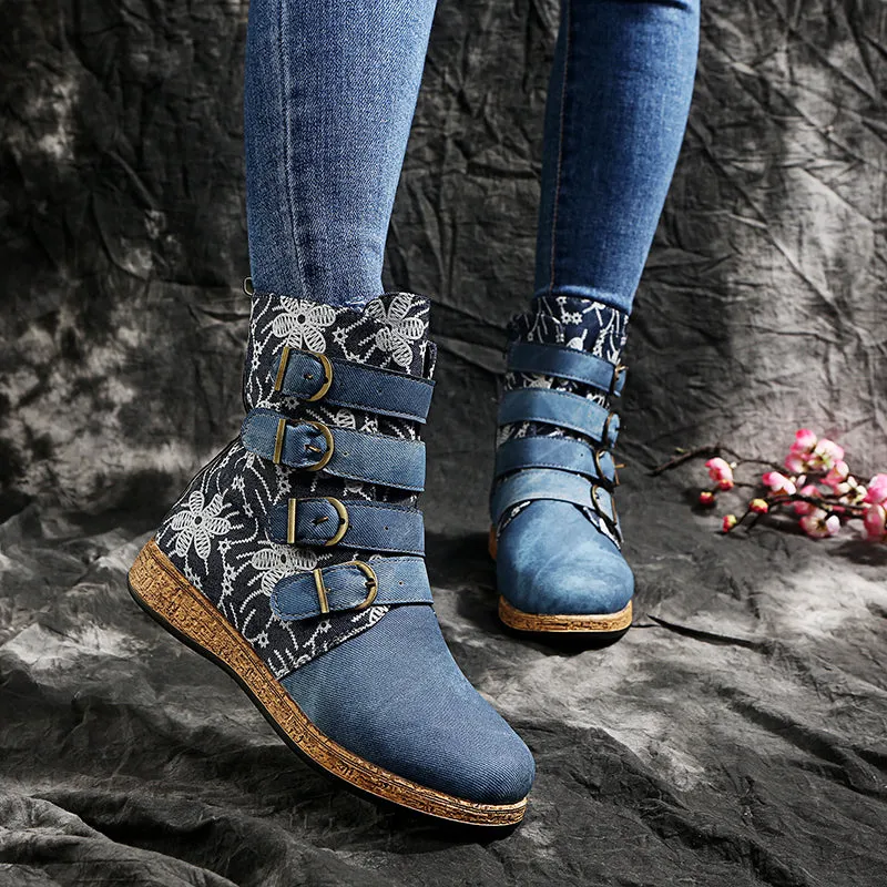 Women's retro floral print ethnic ankle boots boho flat buckle strap boots