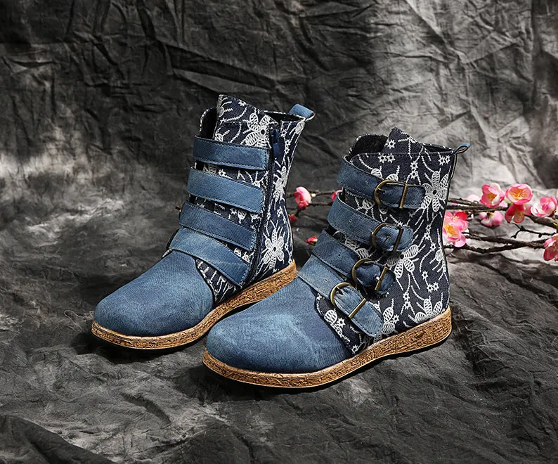 Women's retro floral print ethnic ankle boots boho flat buckle strap boots