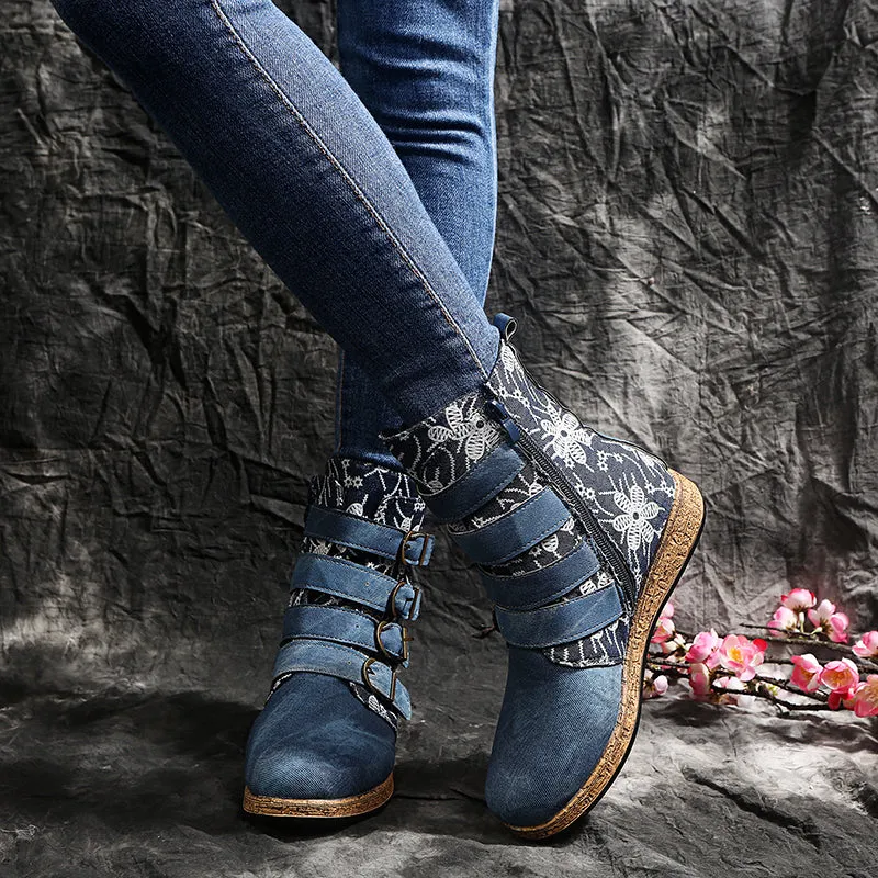 Women's retro floral print ethnic ankle boots boho flat buckle strap boots