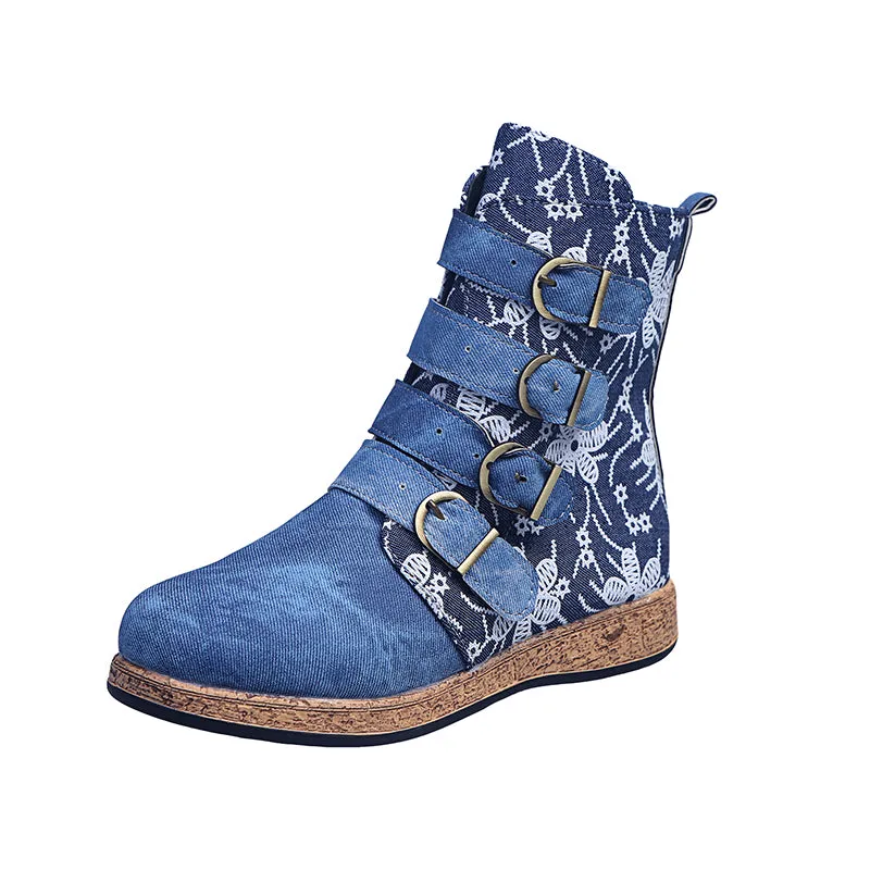 Women's retro floral print ethnic ankle boots boho flat buckle strap boots