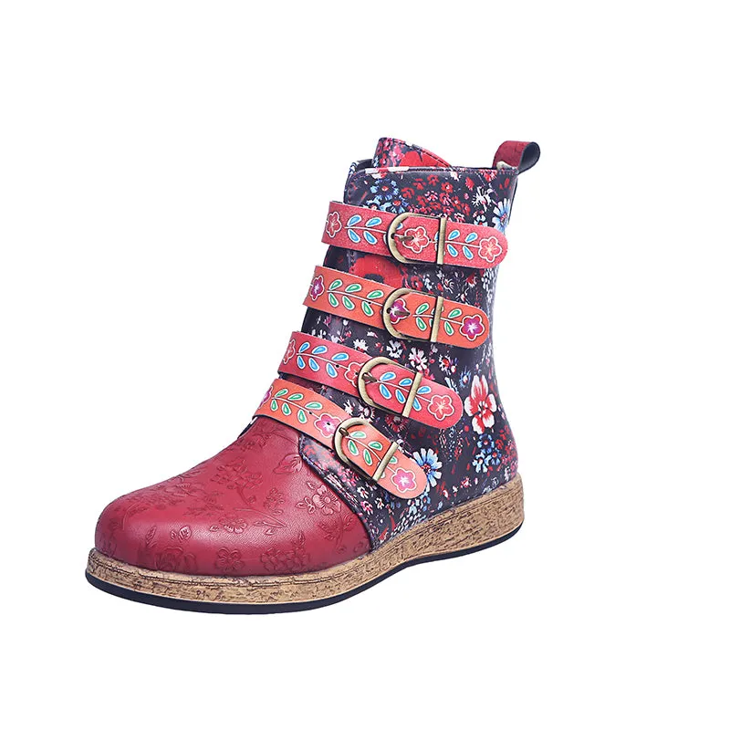 Women's retro floral print ethnic ankle boots boho flat buckle strap boots