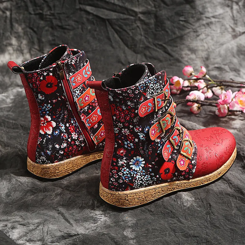 Women's retro floral print ethnic ankle boots boho flat buckle strap boots