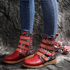 Women's retro floral print ethnic ankle boots boho flat buckle strap boots