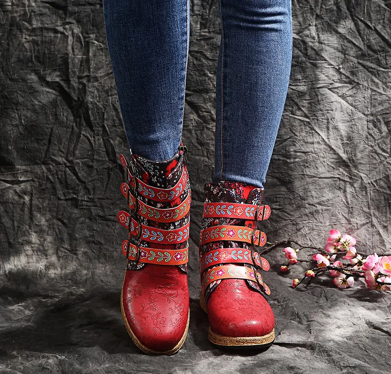 Women's retro floral print ethnic ankle boots boho flat buckle strap boots