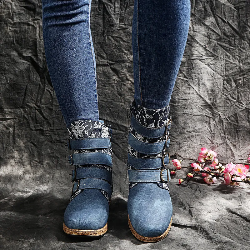 Women's retro floral print ethnic ankle boots boho flat buckle strap boots