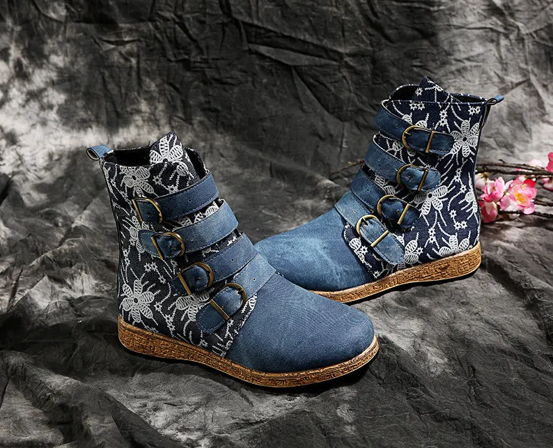 Women's retro floral print ethnic ankle boots boho flat buckle strap boots