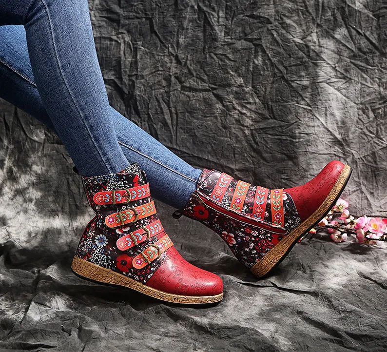 Women's retro floral print ethnic ankle boots boho flat buckle strap boots