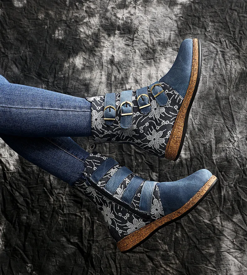 Women's retro floral print ethnic ankle boots boho flat buckle strap boots
