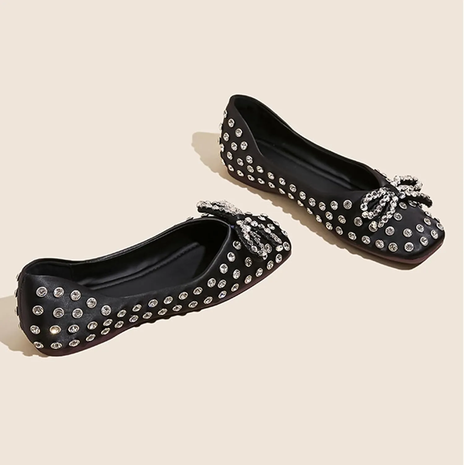 Women's Rhinestone Bowknot Casual Flats Elegant Square Toe Rivet Soft Sole Non-Slip Ballet Loafers for Party, Date, Casual