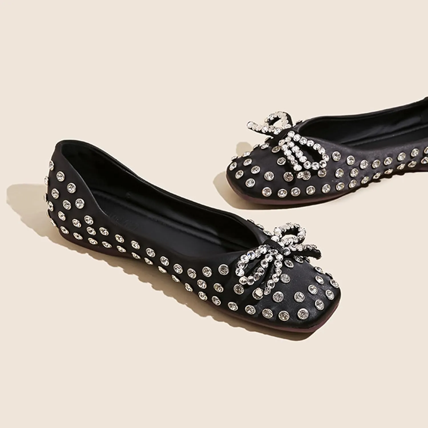 Women's Rhinestone Bowknot Casual Flats Elegant Square Toe Rivet Soft Sole Non-Slip Ballet Loafers for Party, Date, Casual