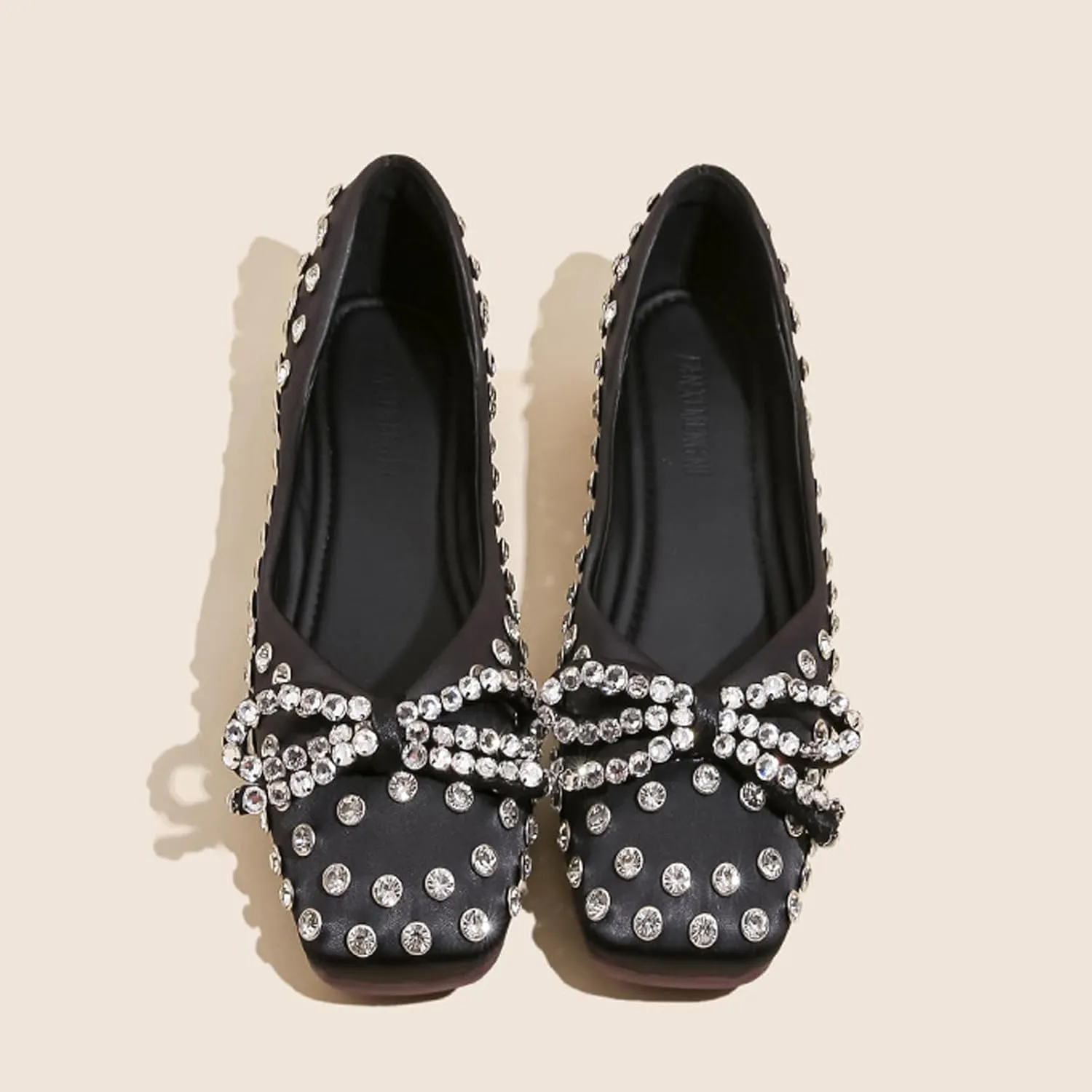 Women's Rhinestone Bowknot Casual Flats Elegant Square Toe Rivet Soft Sole Non-Slip Ballet Loafers for Party, Date, Casual