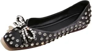 Women's Rhinestone Bowknot Casual Flats Elegant Square Toe Rivet Soft Sole Non-Slip Ballet Loafers for Party, Date, Casual
