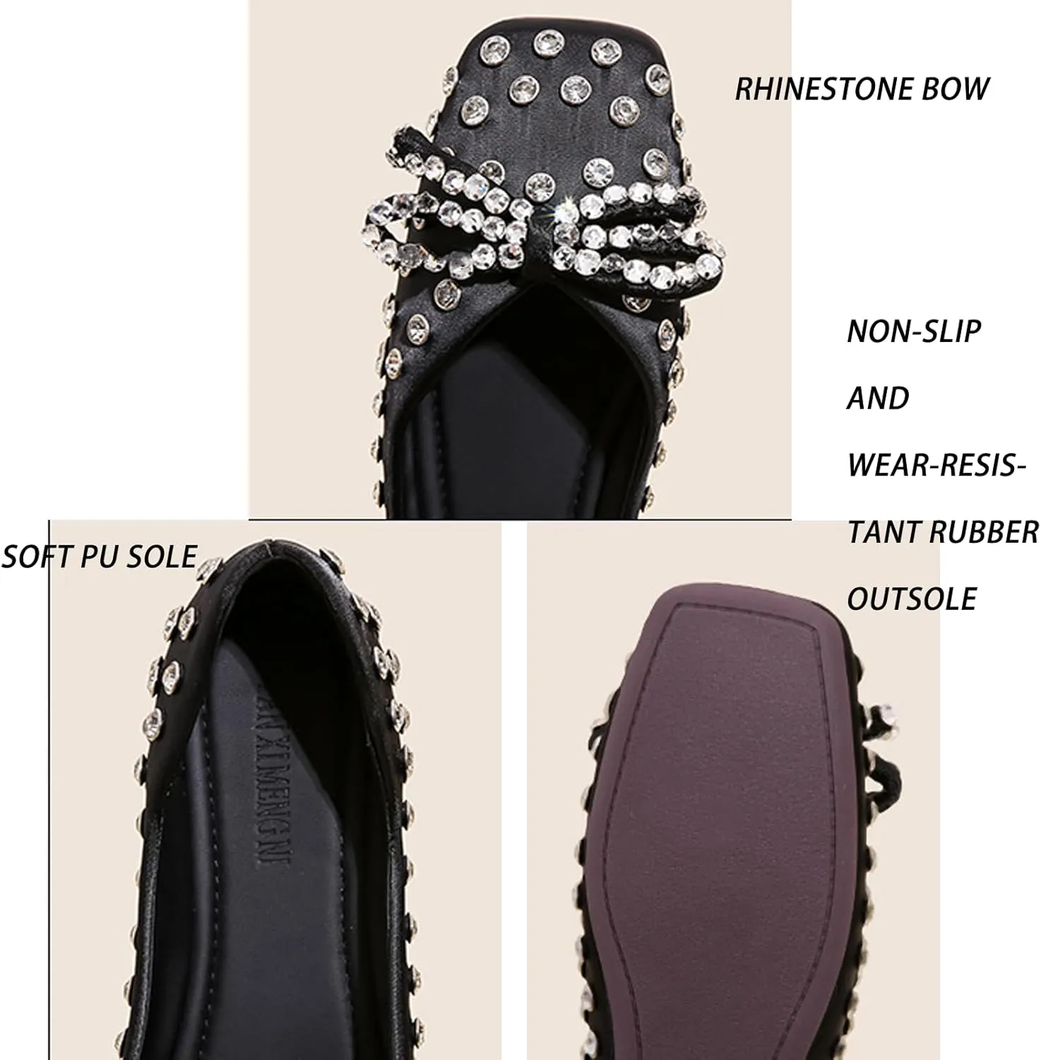 Women's Rhinestone Bowknot Casual Flats Elegant Square Toe Rivet Soft Sole Non-Slip Ballet Loafers for Party, Date, Casual