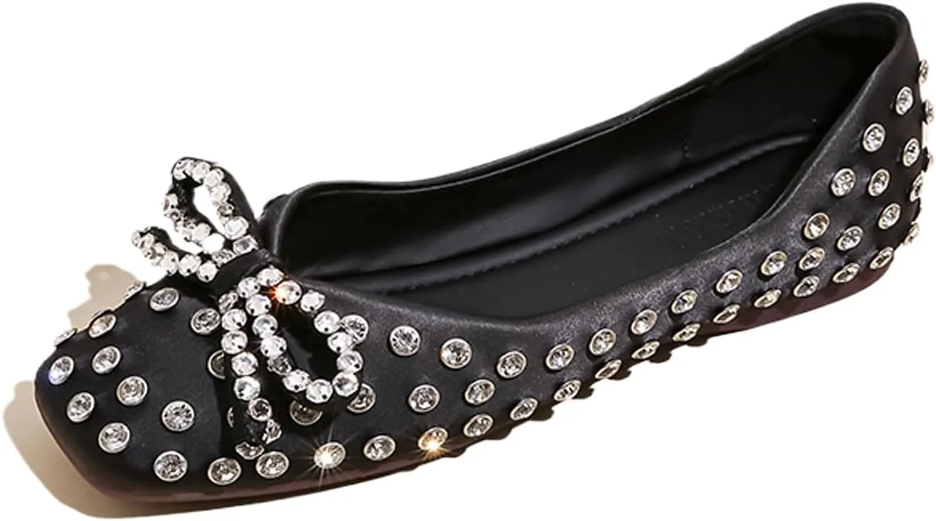 Women's Rhinestone Bowknot Casual Flats Elegant Square Toe Rivet Soft Sole Non-Slip Ballet Loafers for Party, Date, Casual