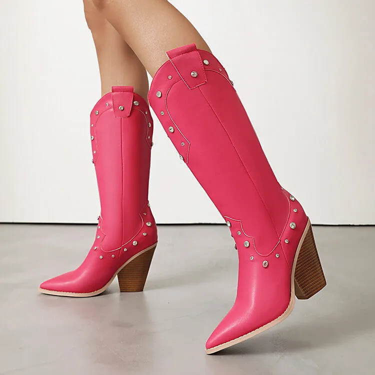 Women's Rivets High Heel Knee High Western Boots