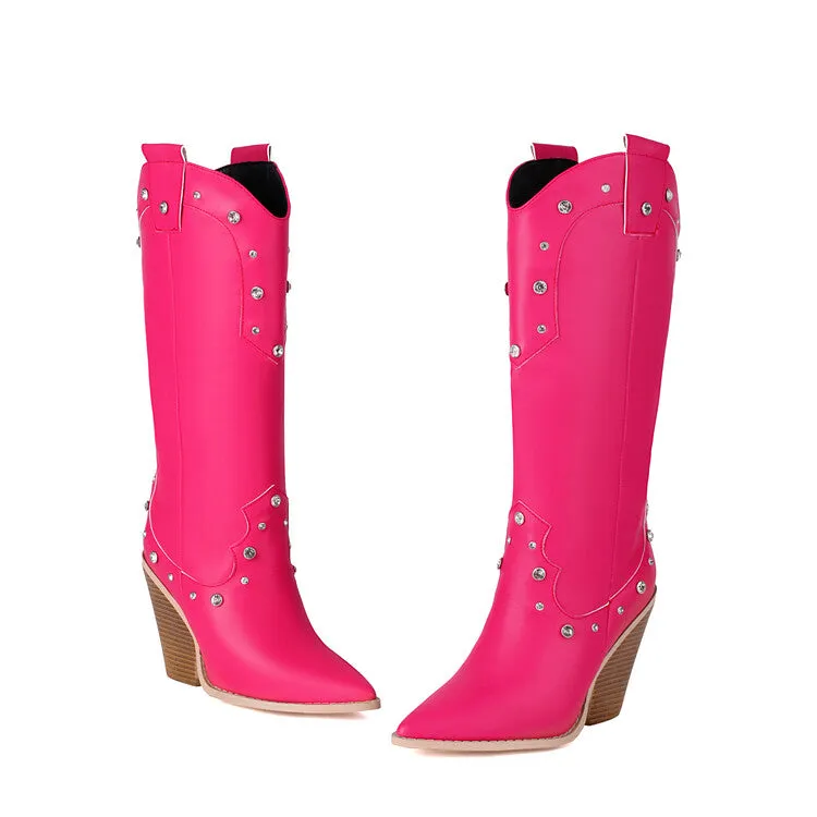 Women's Rivets High Heel Knee High Western Boots