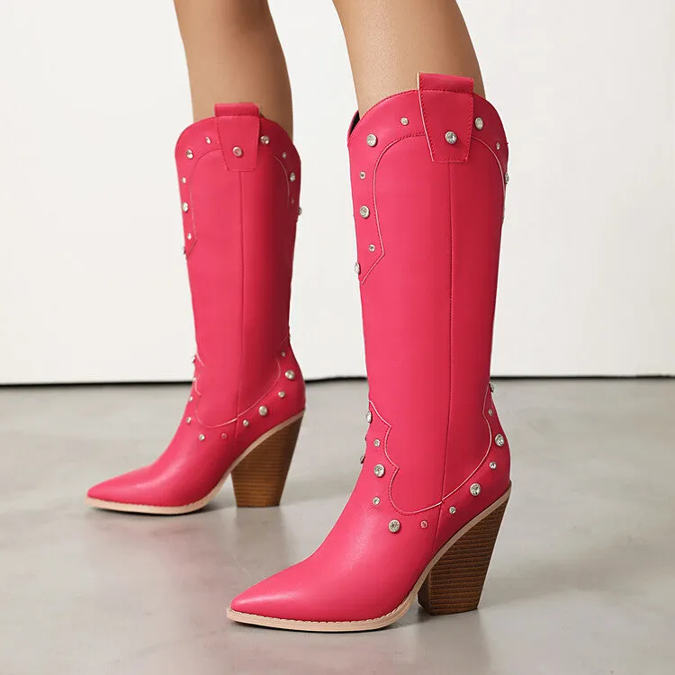 Women's Rivets High Heel Knee High Western Boots