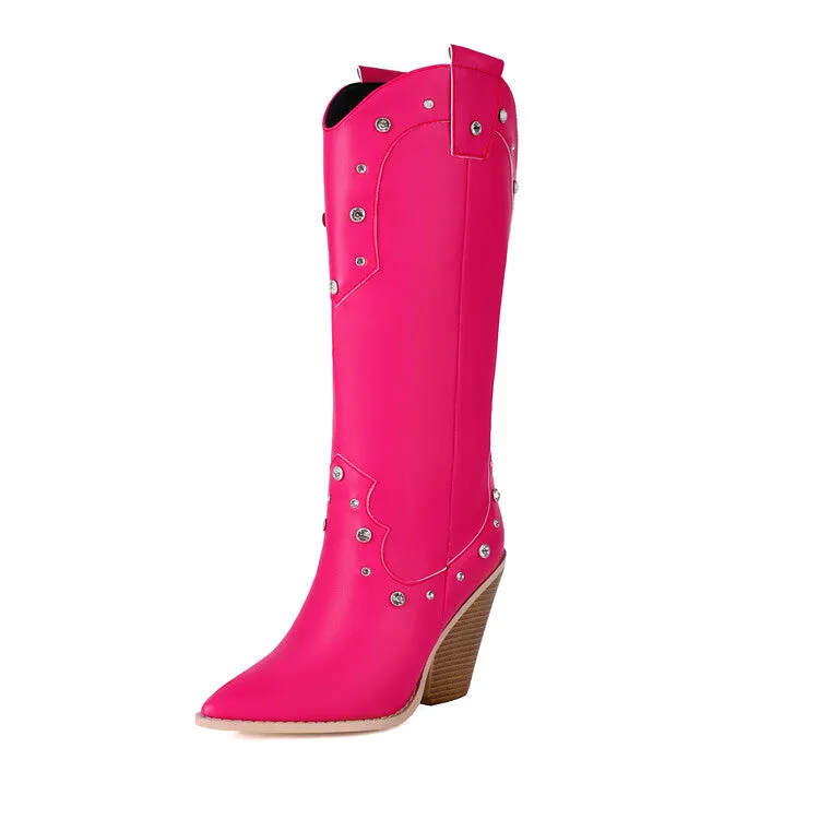 Women's Rivets High Heel Knee High Western Boots