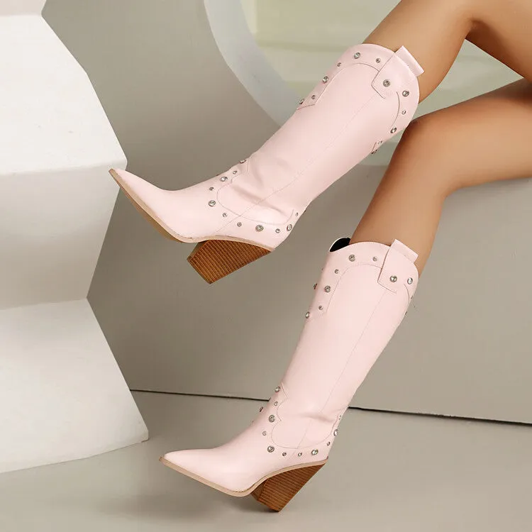 Women's Rivets High Heel Knee High Western Boots
