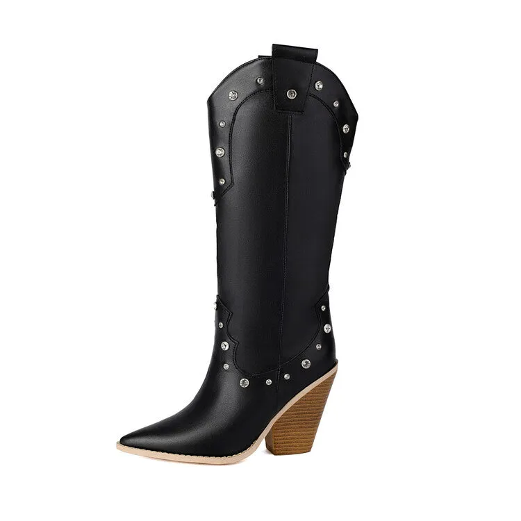 Women's Rivets High Heel Knee High Western Boots