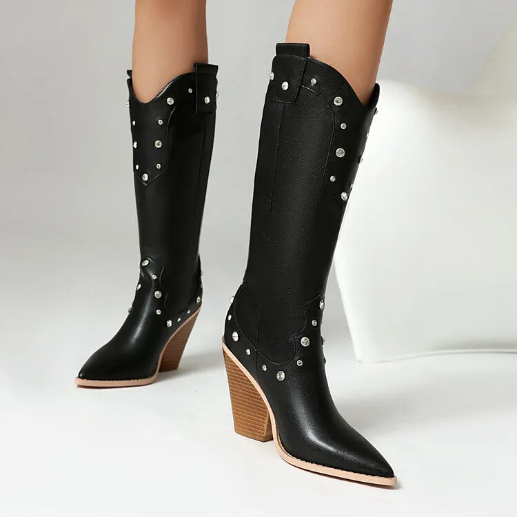 Women's Rivets High Heel Knee High Western Boots