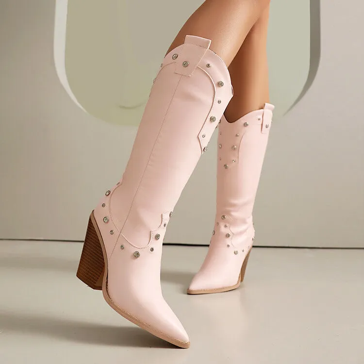 Women's Rivets High Heel Knee High Western Boots