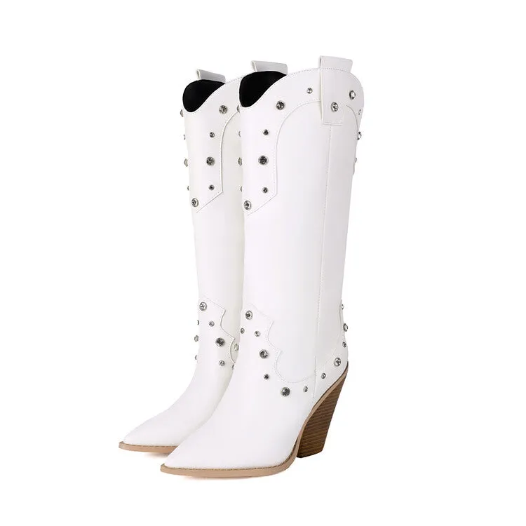 Women's Rivets High Heel Knee High Western Boots
