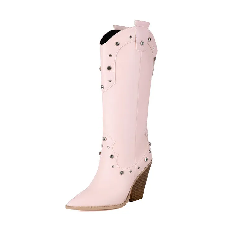 Women's Rivets High Heel Knee High Western Boots