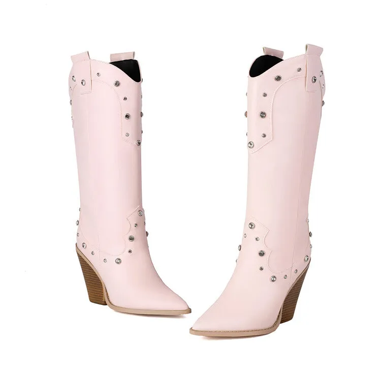 Women's Rivets High Heel Knee High Western Boots