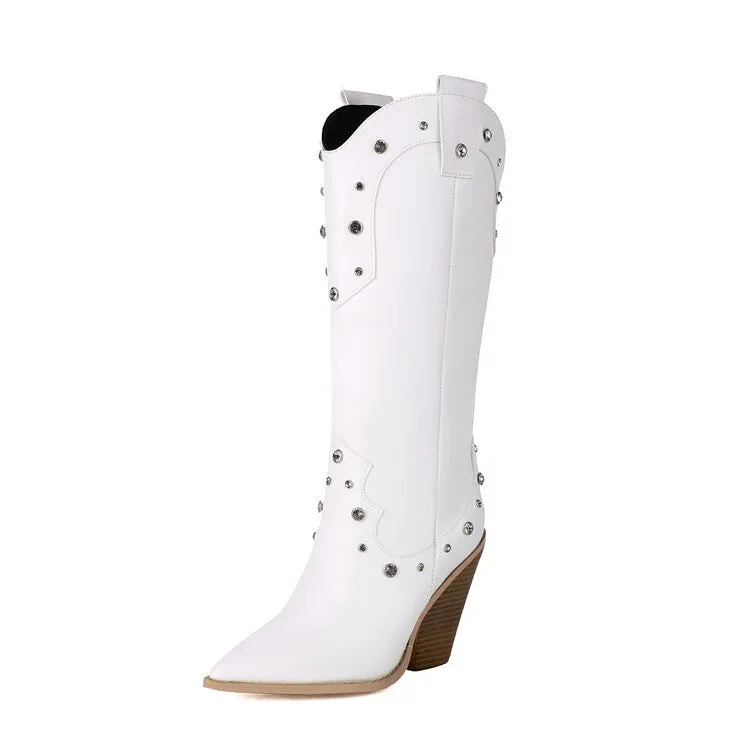 Women's Rivets High Heel Knee High Western Boots