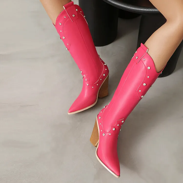 Women's Rivets High Heel Knee High Western Boots