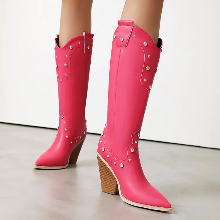 Women's Rivets High Heel Knee High Western Boots