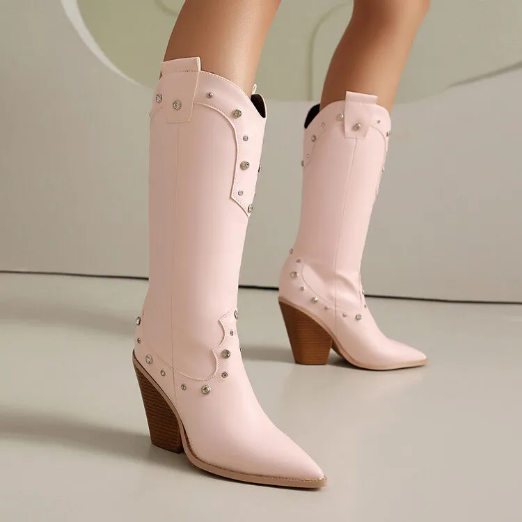 Women's Rivets High Heel Knee High Western Boots