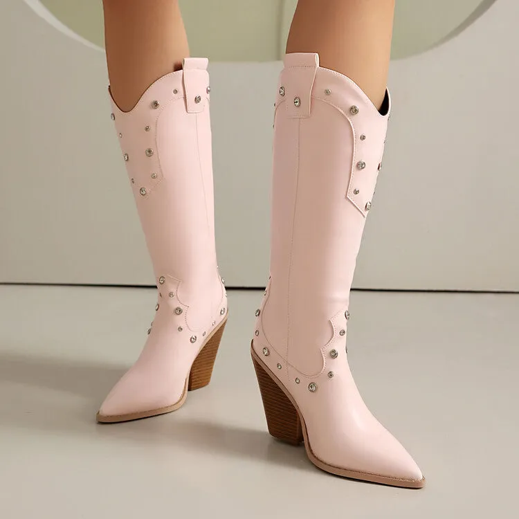 Women's Rivets High Heel Knee High Western Boots
