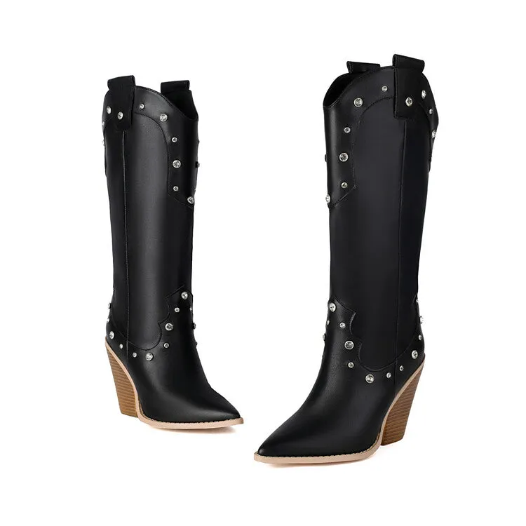 Women's Rivets High Heel Knee High Western Boots
