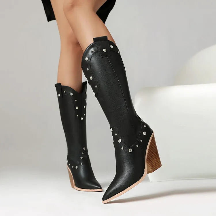 Women's Rivets High Heel Knee High Western Boots