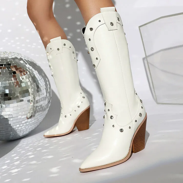 Women's Rivets High Heel Knee High Western Boots