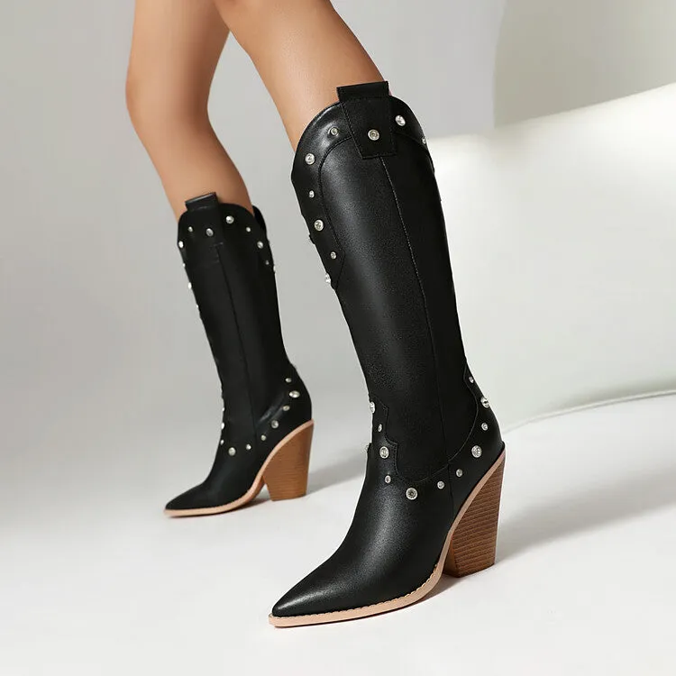 Women's Rivets High Heel Knee High Western Boots