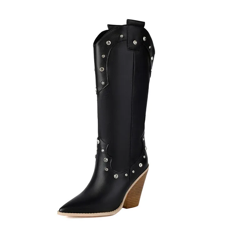Women's Rivets High Heel Knee High Western Boots