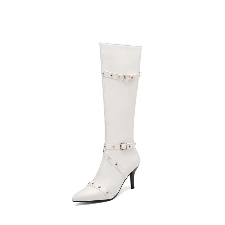 Women's Rivets Pointed Toe Stiletto Heel Knee High Boots