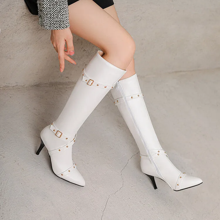 Women's Rivets Pointed Toe Stiletto Heel Knee High Boots