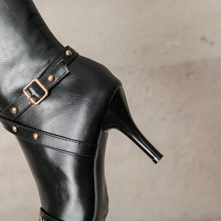 Women's Rivets Pointed Toe Stiletto Heel Knee High Boots