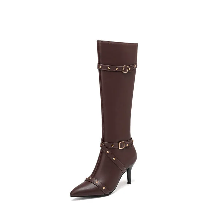 Women's Rivets Pointed Toe Stiletto Heel Knee High Boots
