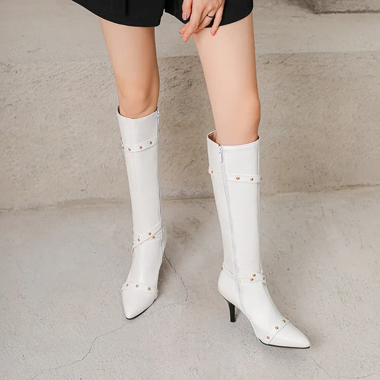 Women's Rivets Pointed Toe Stiletto Heel Knee High Boots