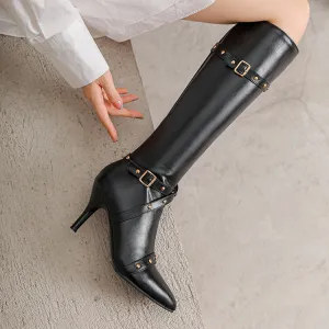 Women's Rivets Pointed Toe Stiletto Heel Knee High Boots