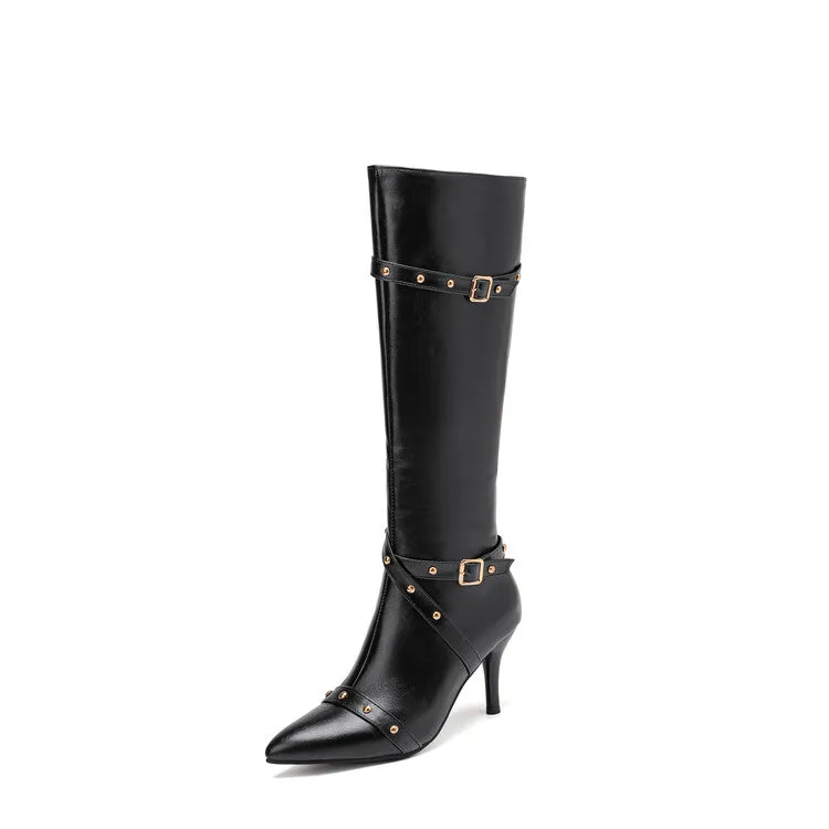 Women's Rivets Pointed Toe Stiletto Heel Knee High Boots