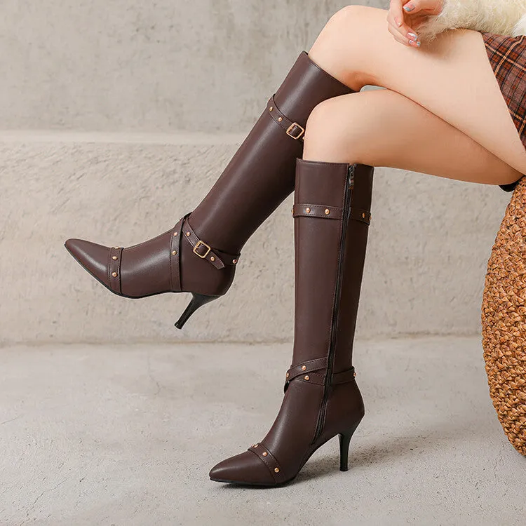 Women's Rivets Pointed Toe Stiletto Heel Knee High Boots