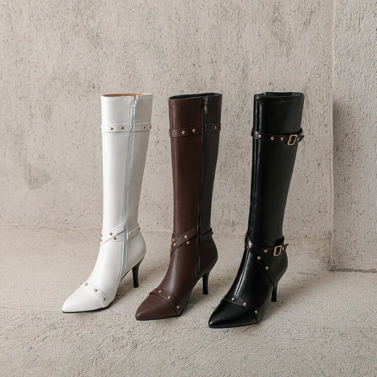 Women's Rivets Pointed Toe Stiletto Heel Knee High Boots