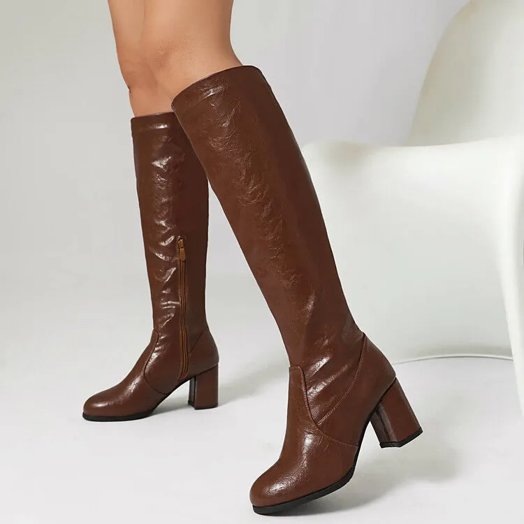 Women's Round Toe Block Heel Knee High Boots