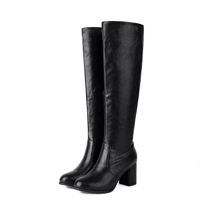Women's Round Toe Block Heel Knee High Boots